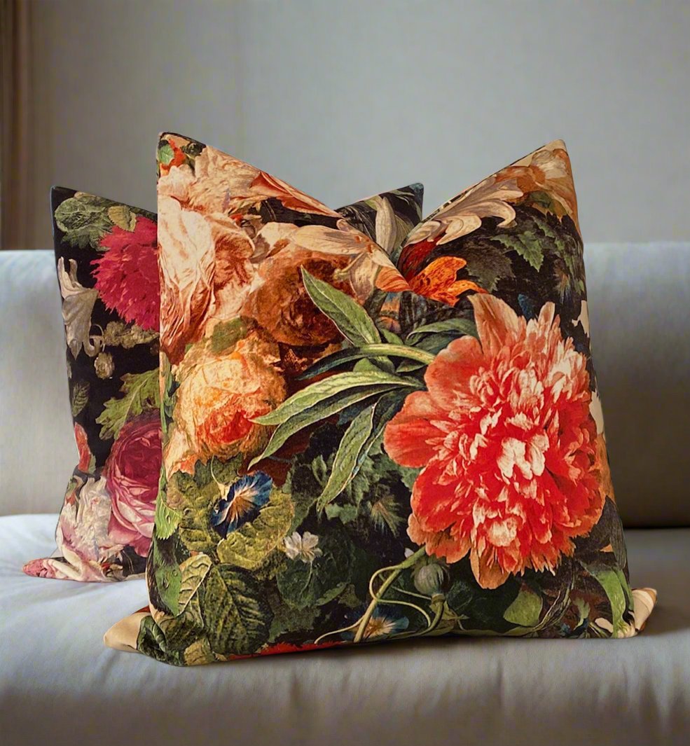 orange velvet floral pillow