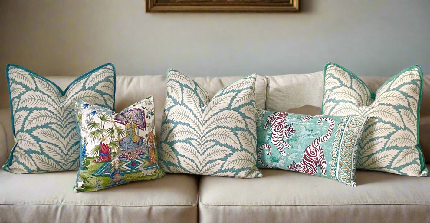 Botanical Leaf Pillow Cover With Flange Trim- Aqua