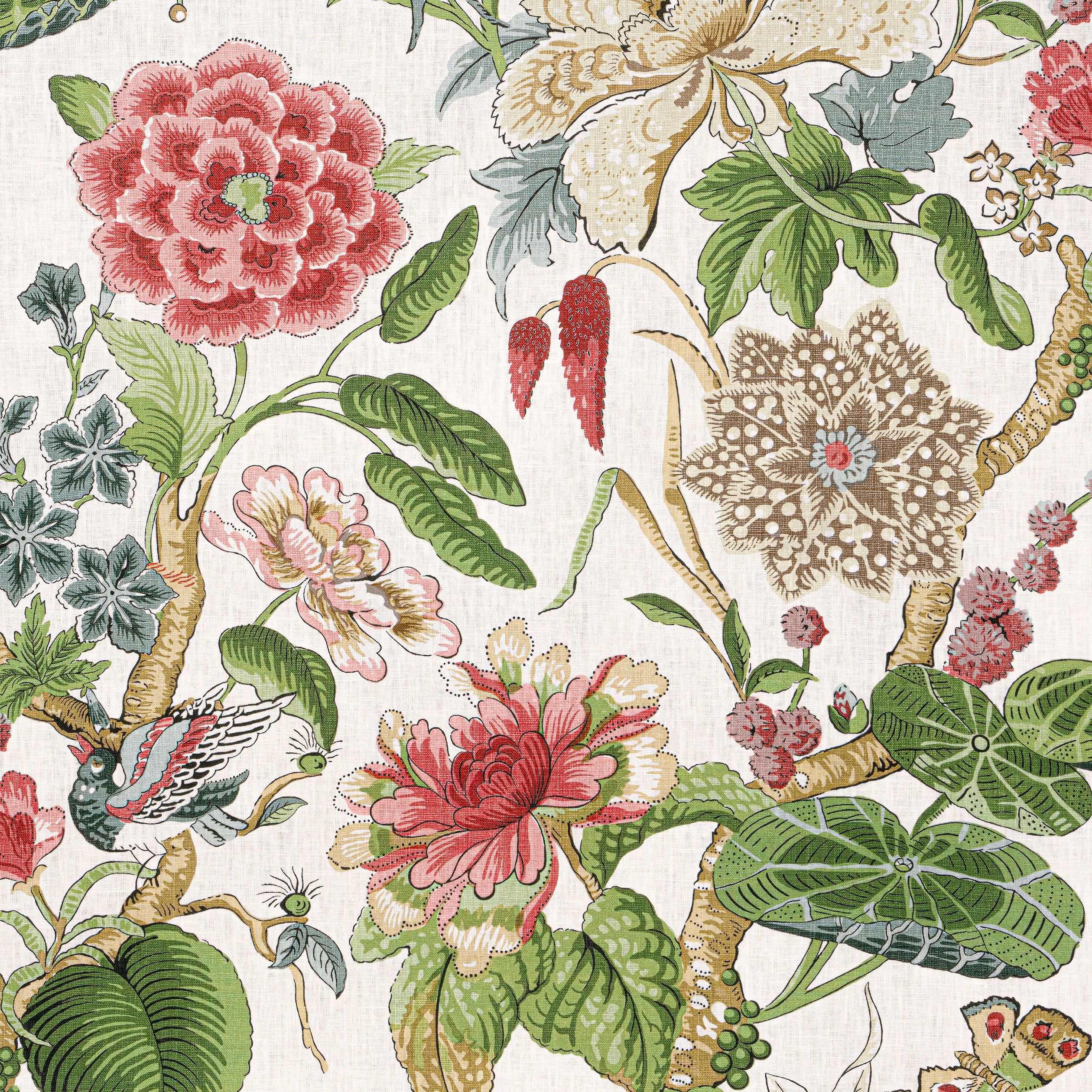 Thibaut Hill Garden Wallpaper -Coral and Green
