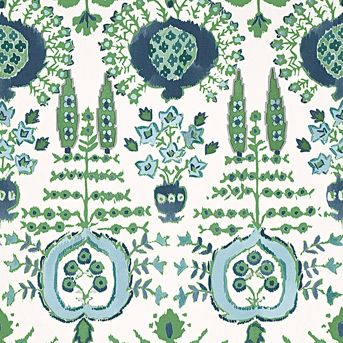 Thibaut Mendoza Suzani Fabric - Blue and Green on White
