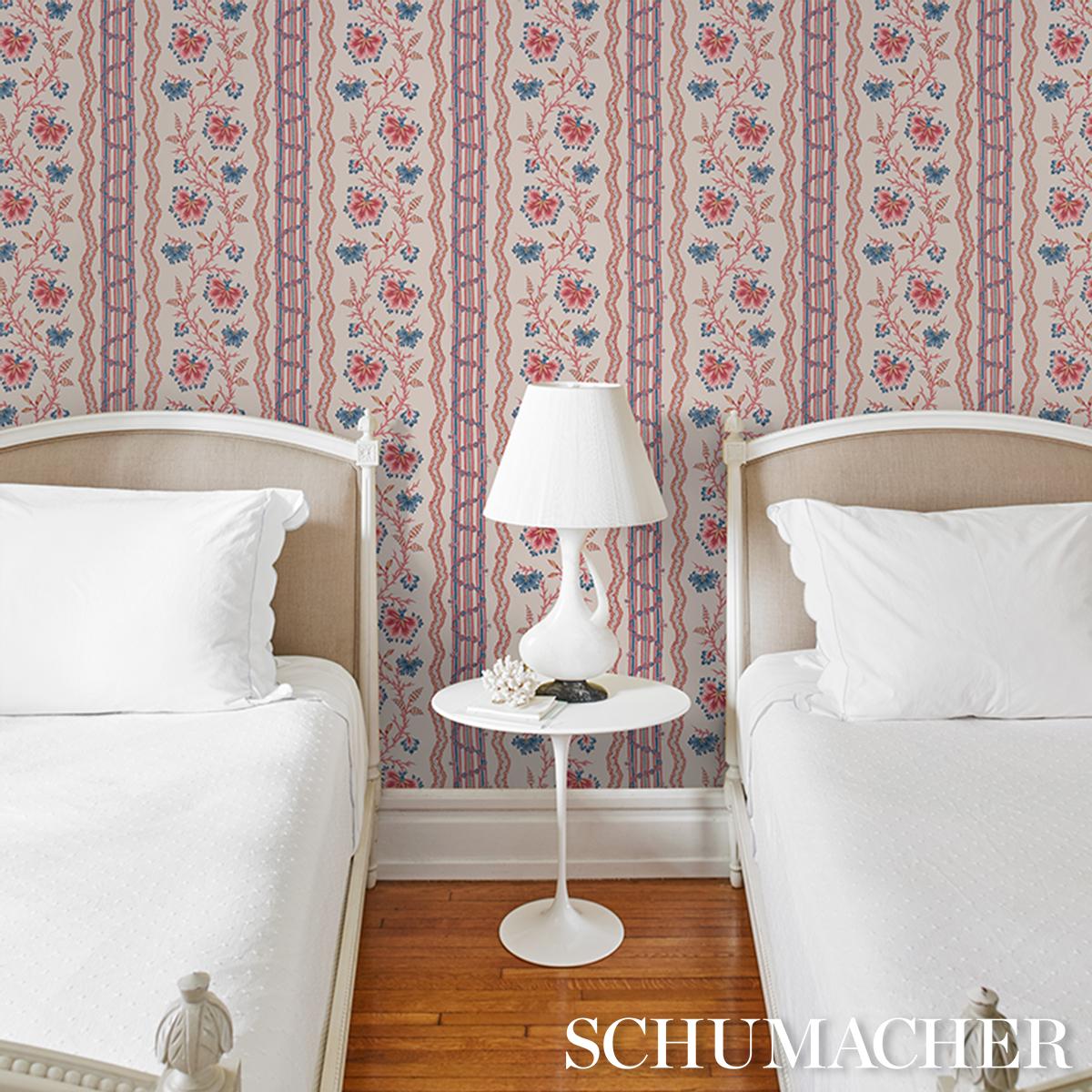 Schumacher Parvati Floral Stripe Wallpaper - Vermillion