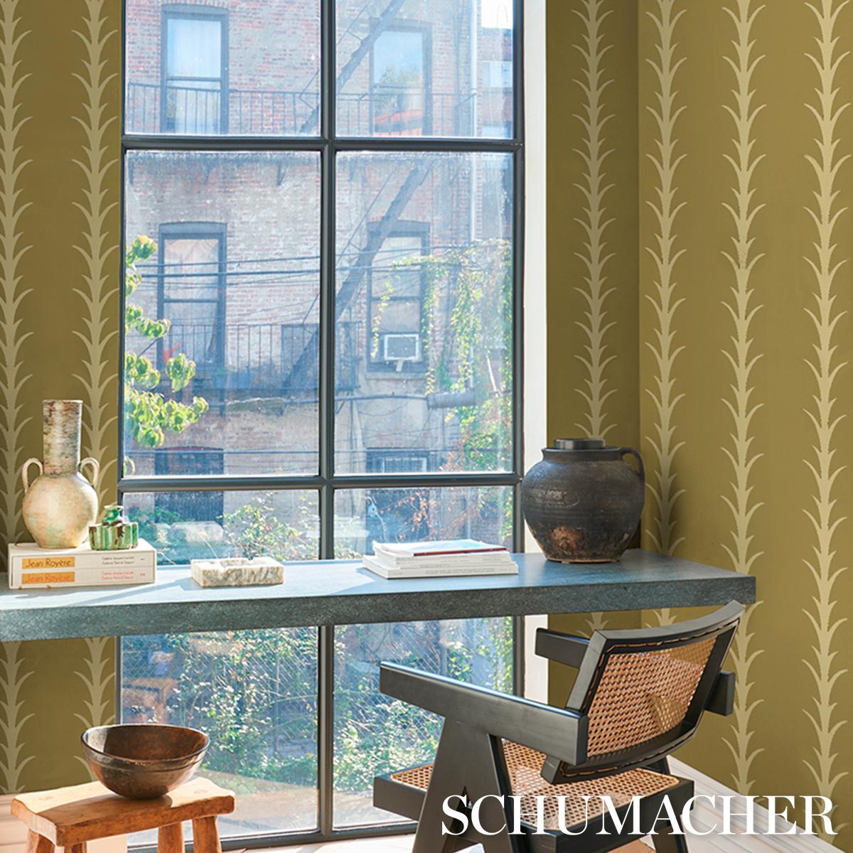 Schumacher Acanthus Stripe Wallpaper - Anis on Chartreuse