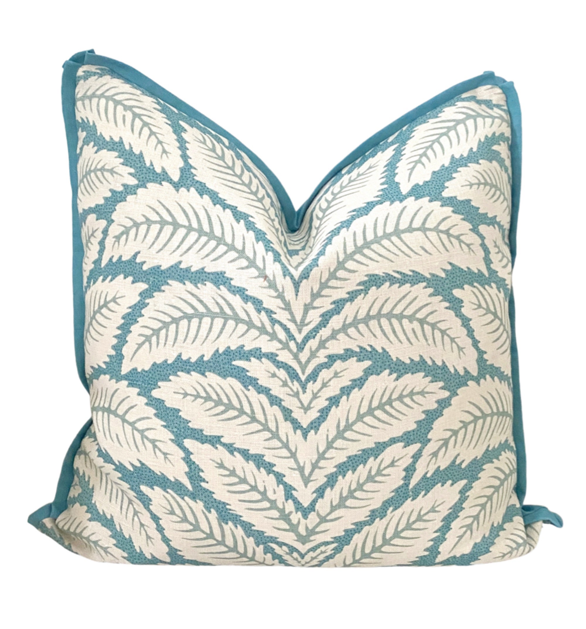 Botanical Leaf Pillow Cover With Flange Trim- Aqua