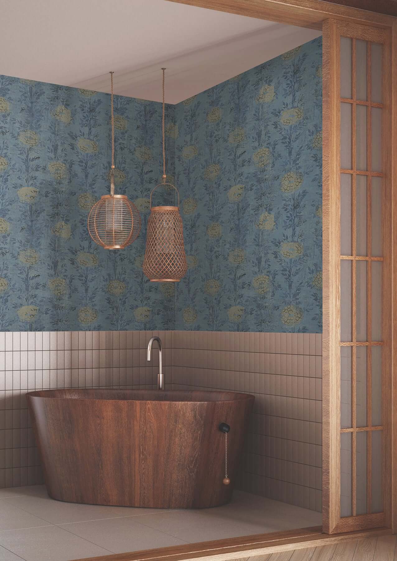 York French Marigold Wallpaper - Denim/Gold
