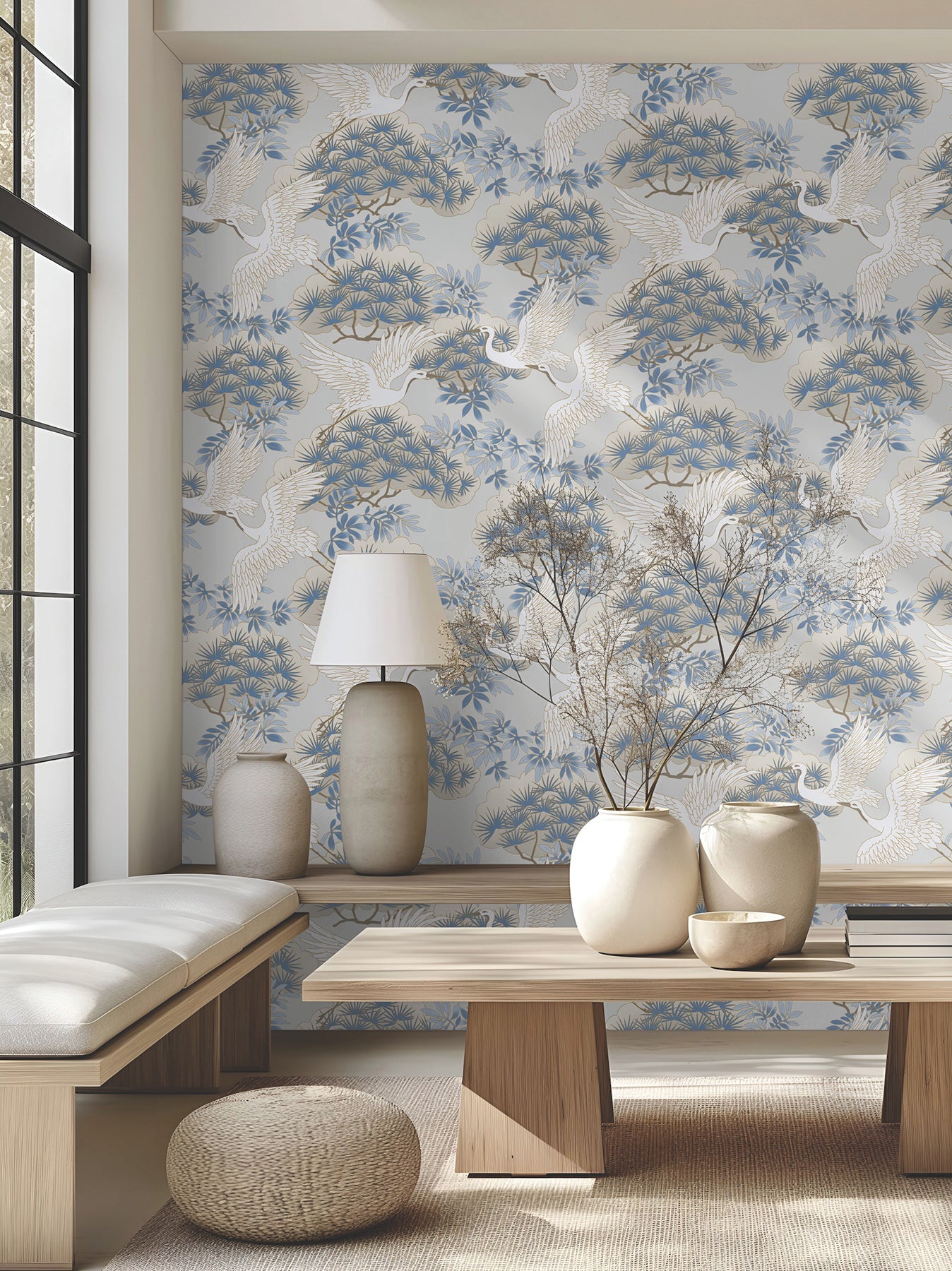 York Spring & Heron Wallpaper - Light Blue