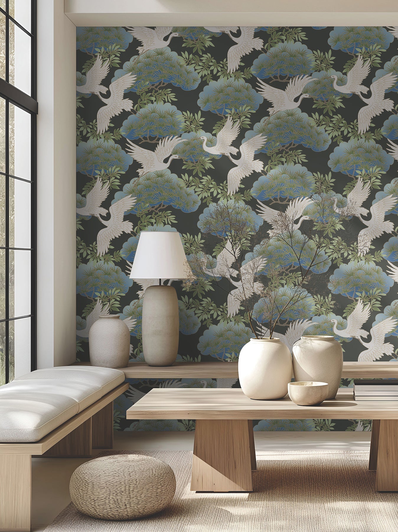 York Spring & Heron Wallpaper - Black