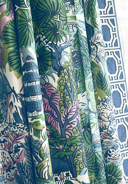 Thibaut Pagoda Trees Fabric - Lavender and Blue