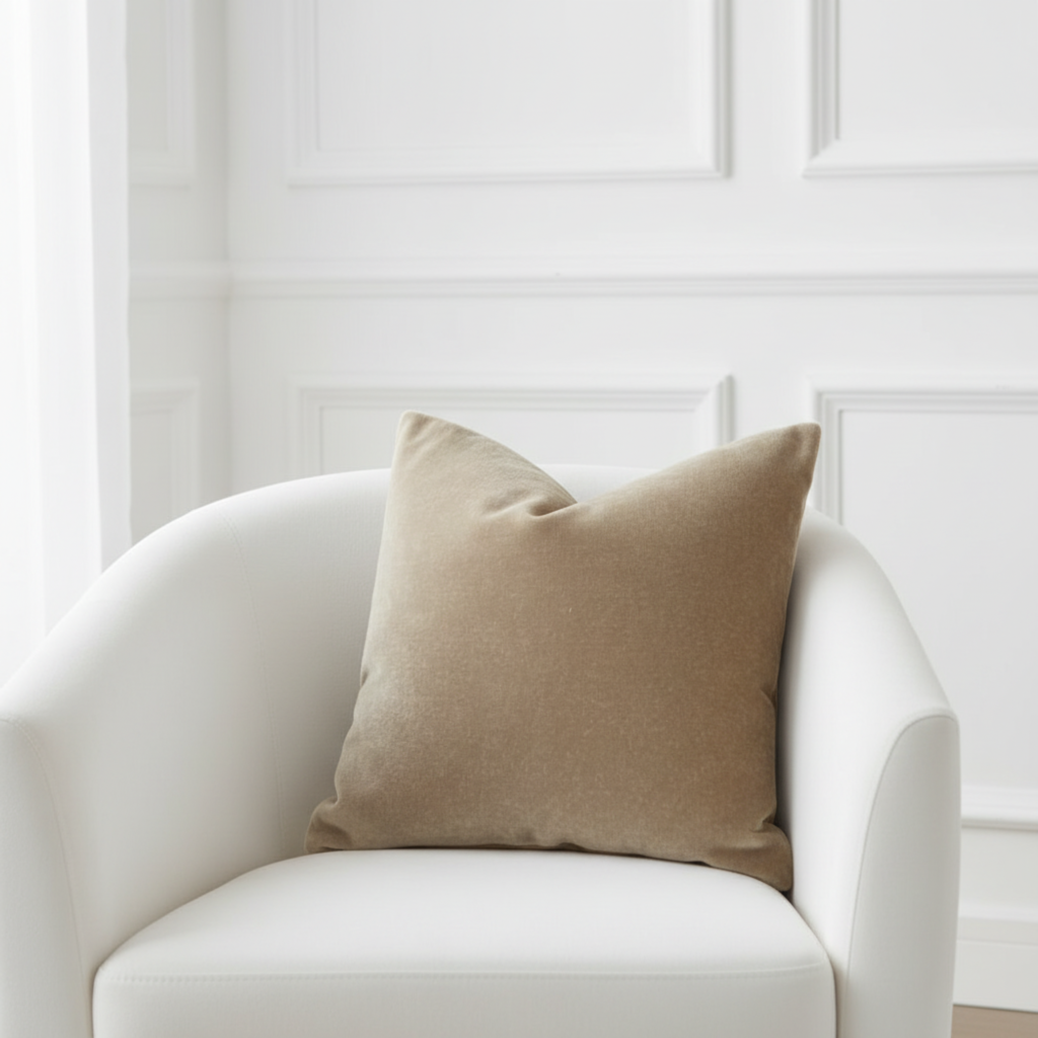 Beige pillow on a white armchair against a white paneled wall