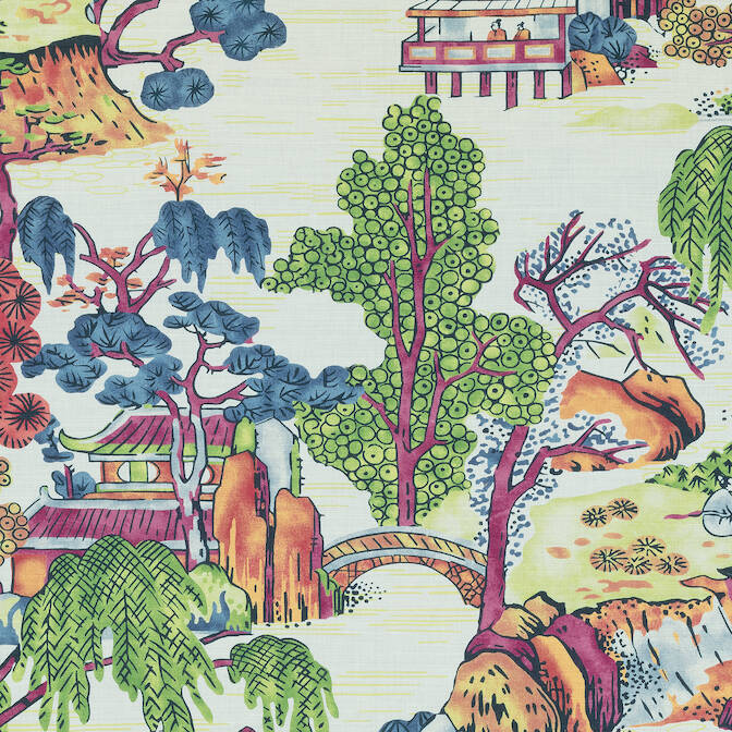 Thibaut Asian Scenic Fabric - Coral and Green