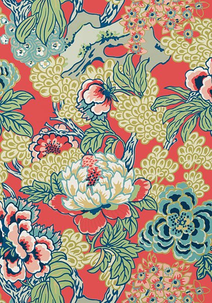Thibaut Honshu Fabric - Coral and Green