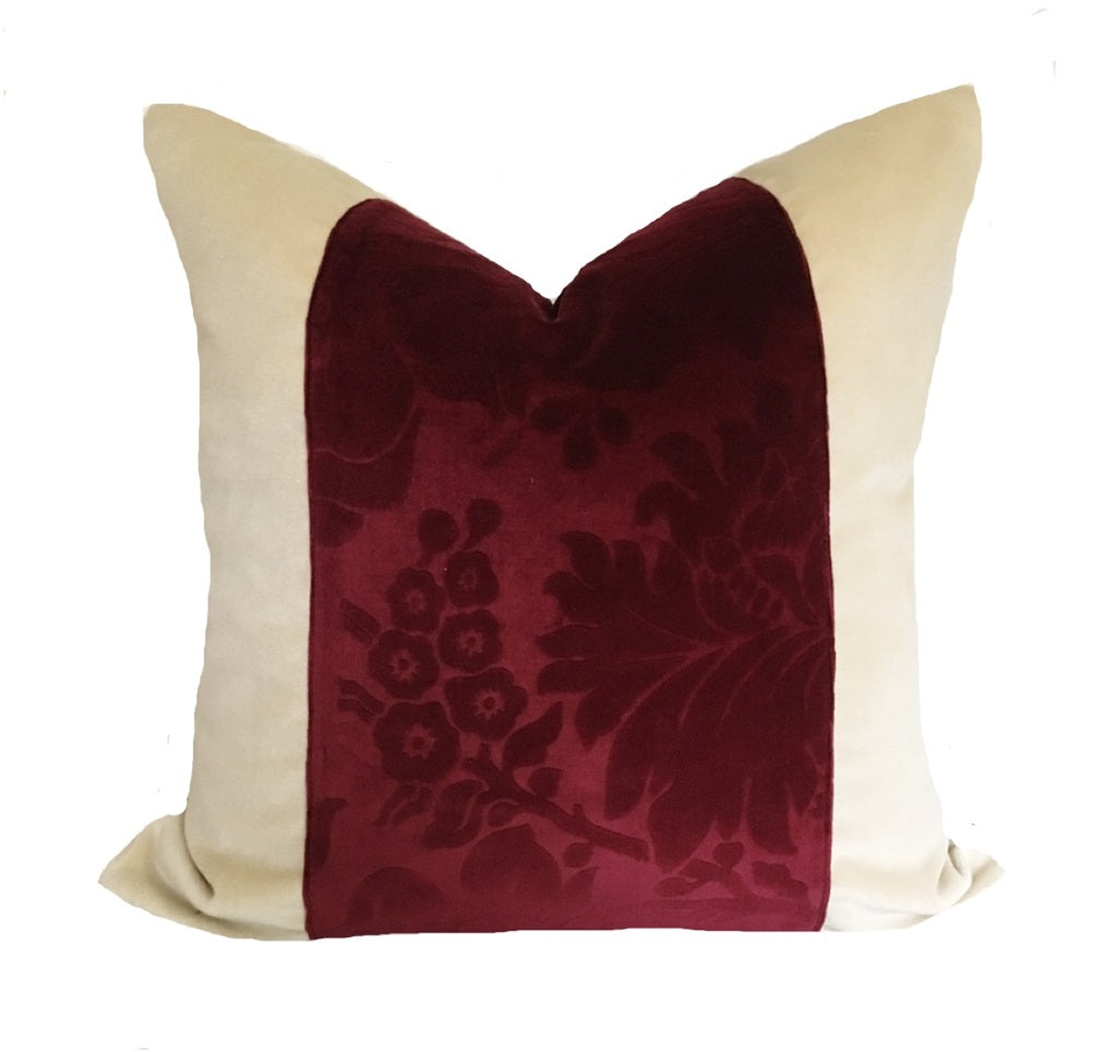 Vintage Burgundy Cut Velvet and Cream Pillow Cover