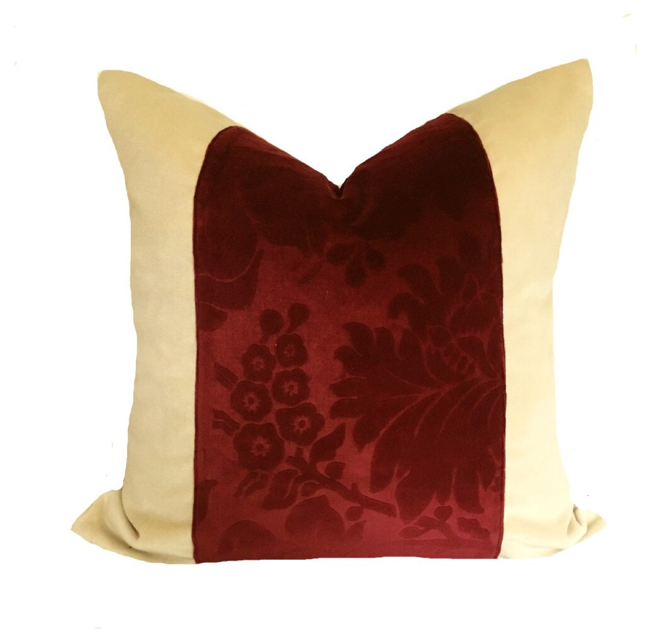 Vintage Burgundy Cut Velvet and Cream Pillow Cover
