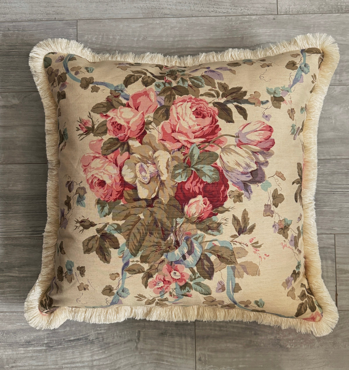 Limited Edition Bennison Roses Pillow with Brush Fringe