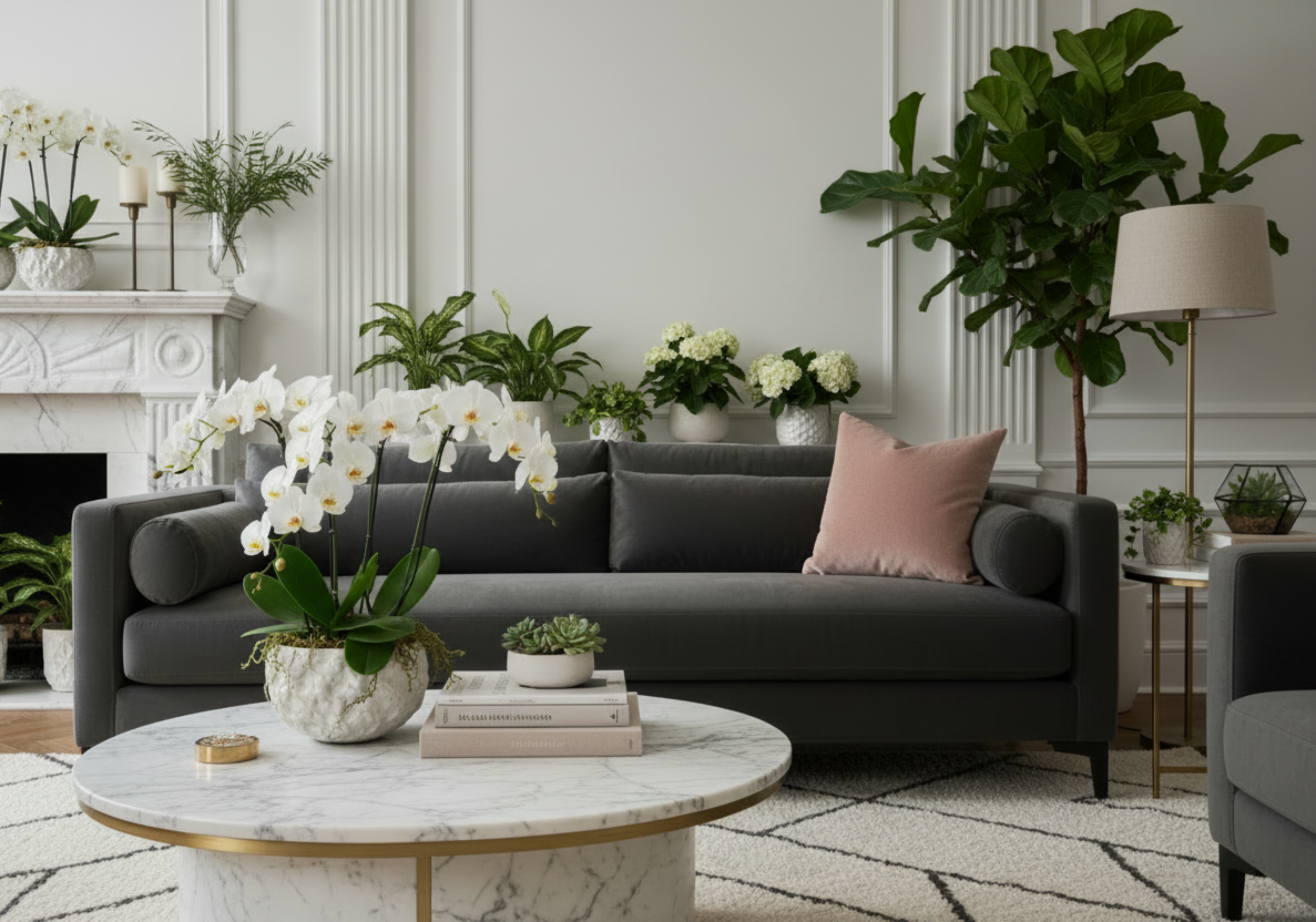 light blush pink mohair pillow sitting on gray sofa, with a marble coffee table, and decorative plants.