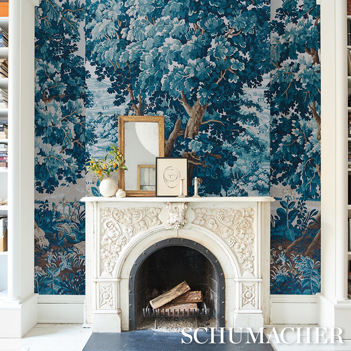 Schumacher La Forêt Wallpaper 3 Panel Set - Antique Blue Forest