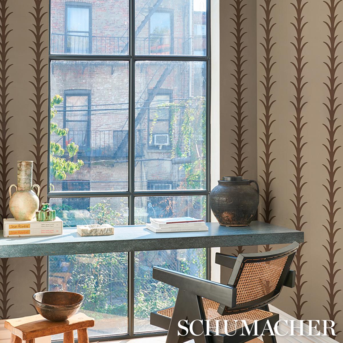 Schumacher Acanthus Stripe Wallpaper - Brown on Beige