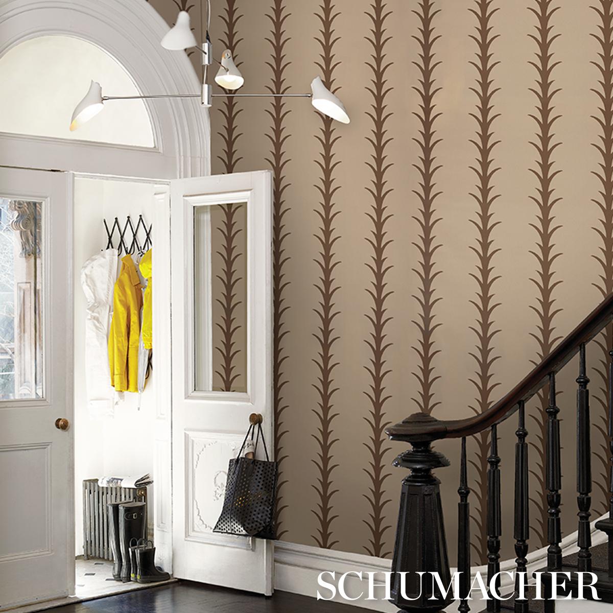 Schumacher Acanthus Stripe Wallpaper - Brown on Beige