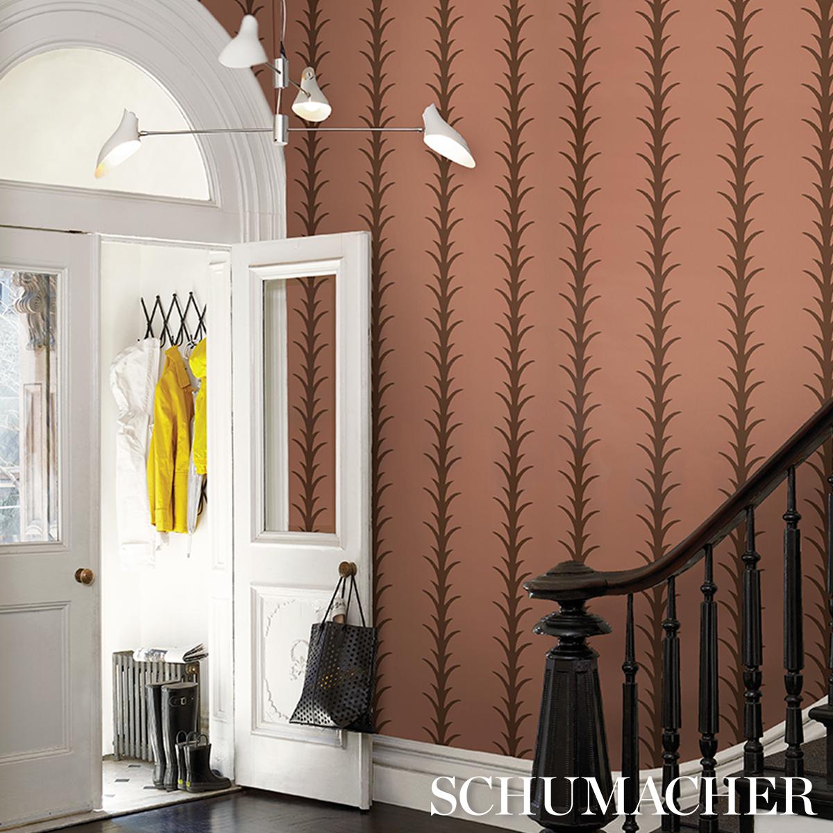 Schumacher Acanthus Stripe Wallpaper - Brown on Rosewood