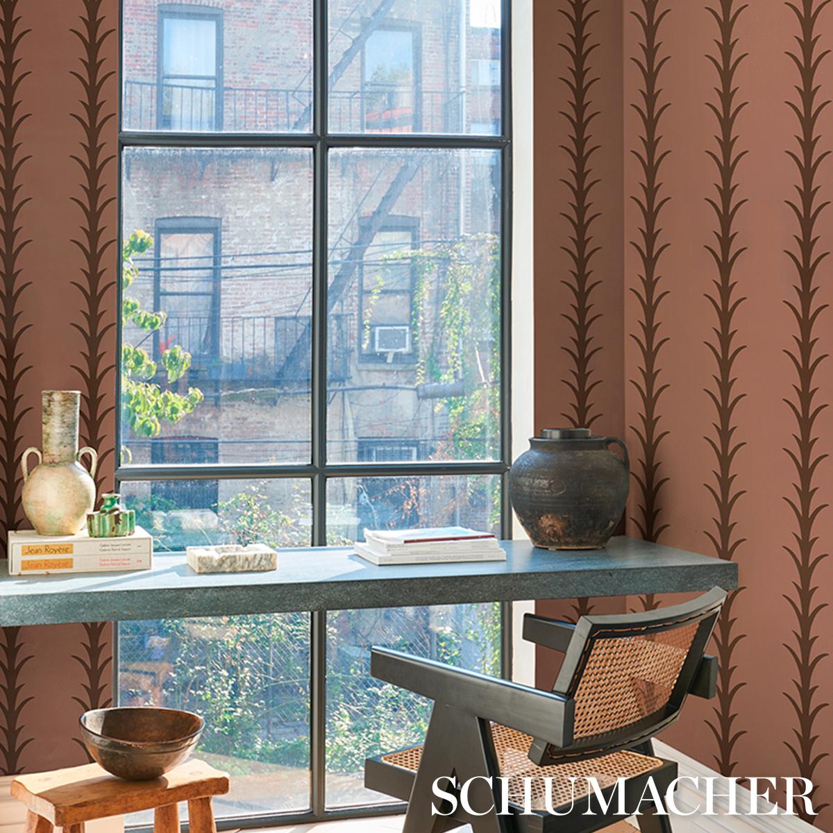 Schumacher Acanthus Stripe Wallpaper - Brown on Rosewood