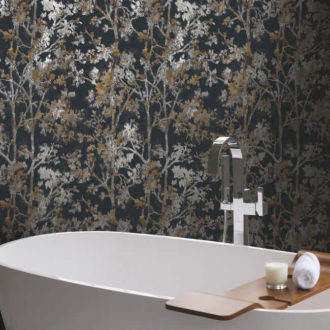 York Shimmering Foliage Wallpaper - Black/Multi