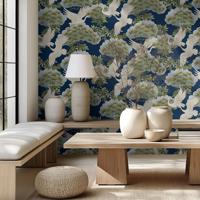 York Spring & Heron Wallpaper - Navy