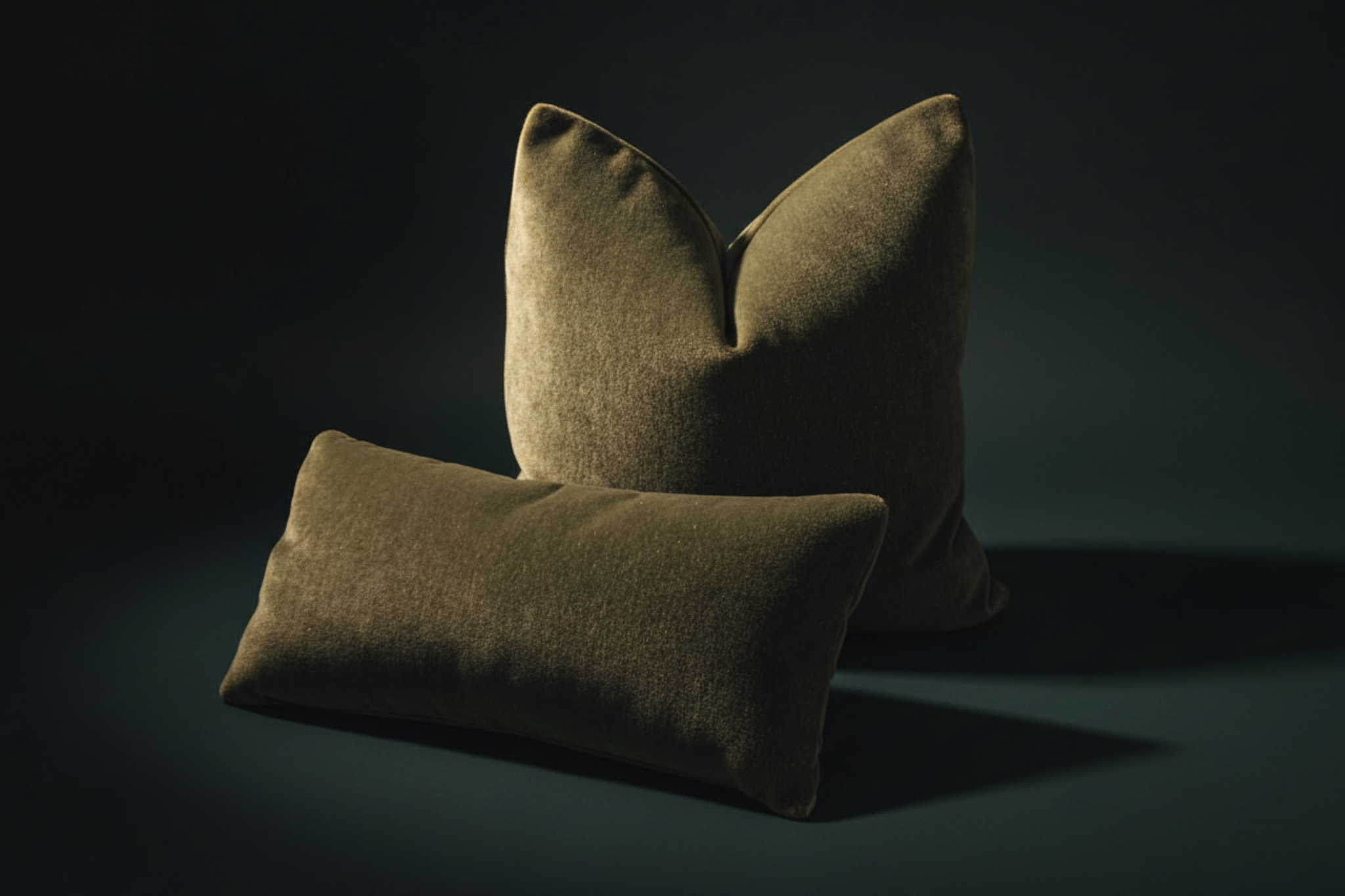 olive green mohair pillows on a dark background