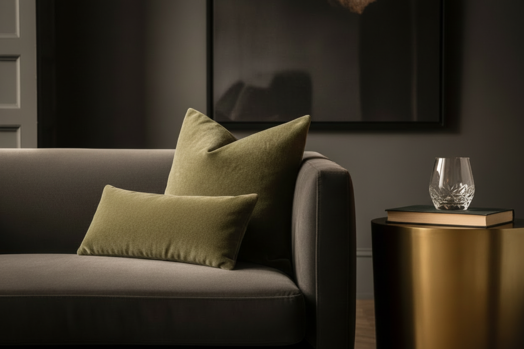 Gray sofa with green pillows in a dimly lit room