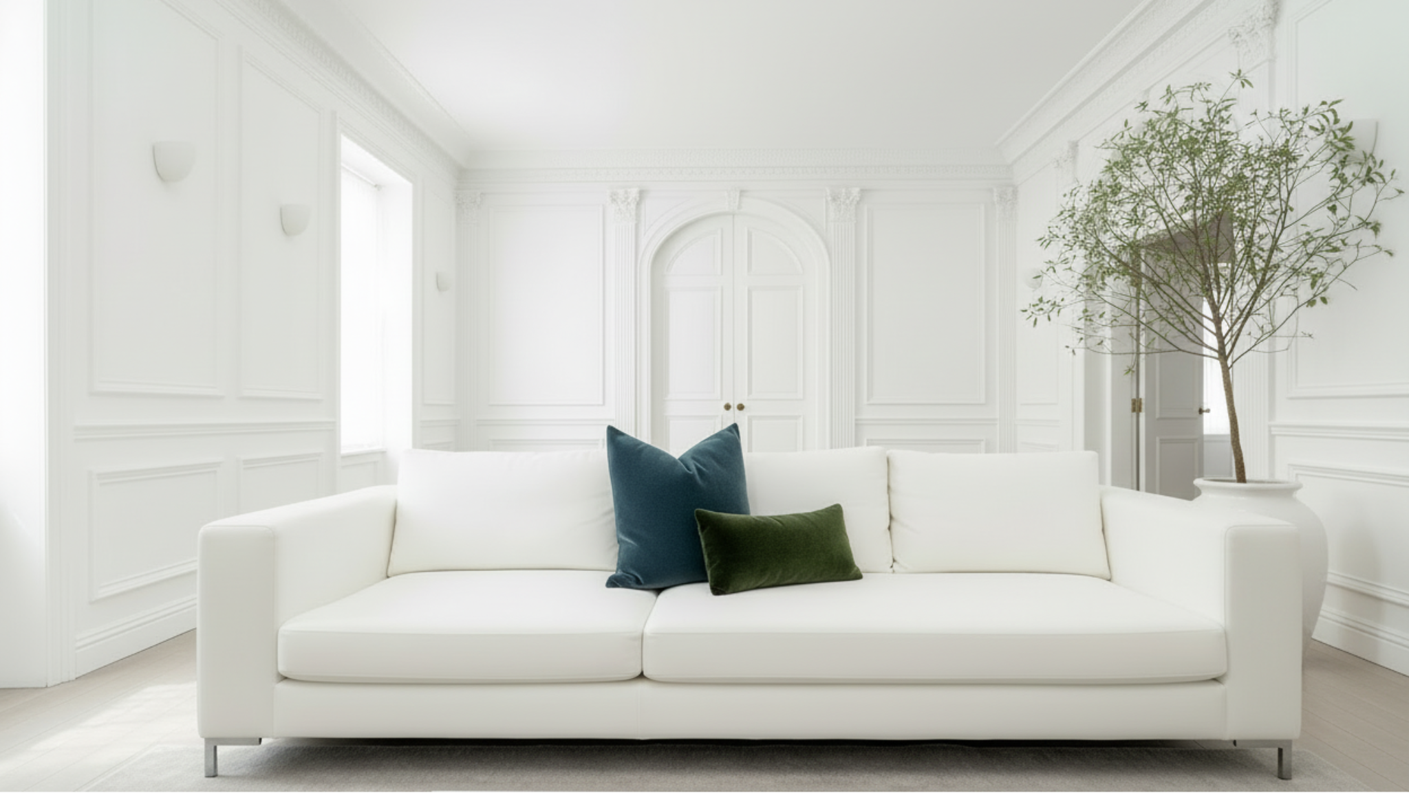 White sofa with blue and green cushions in a minimalistic room with white walls and a plant.