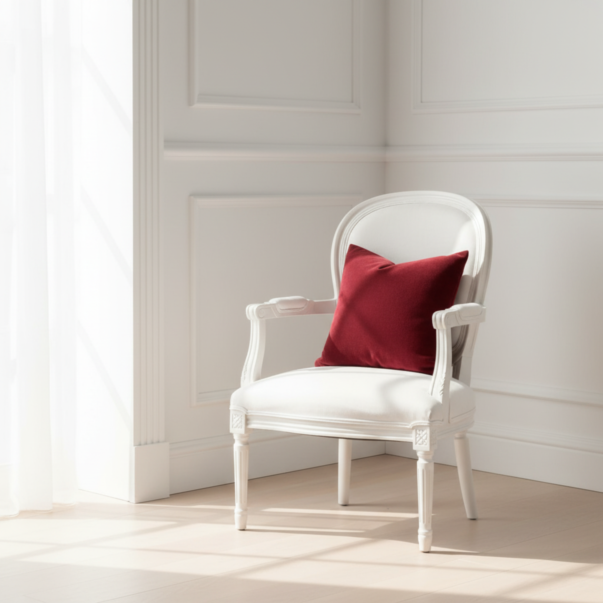 White chair with a red pillow against a white paneled wall