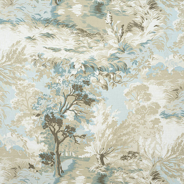 Thibaut Lincoln Toile Fabric - Beige and Spa Blue