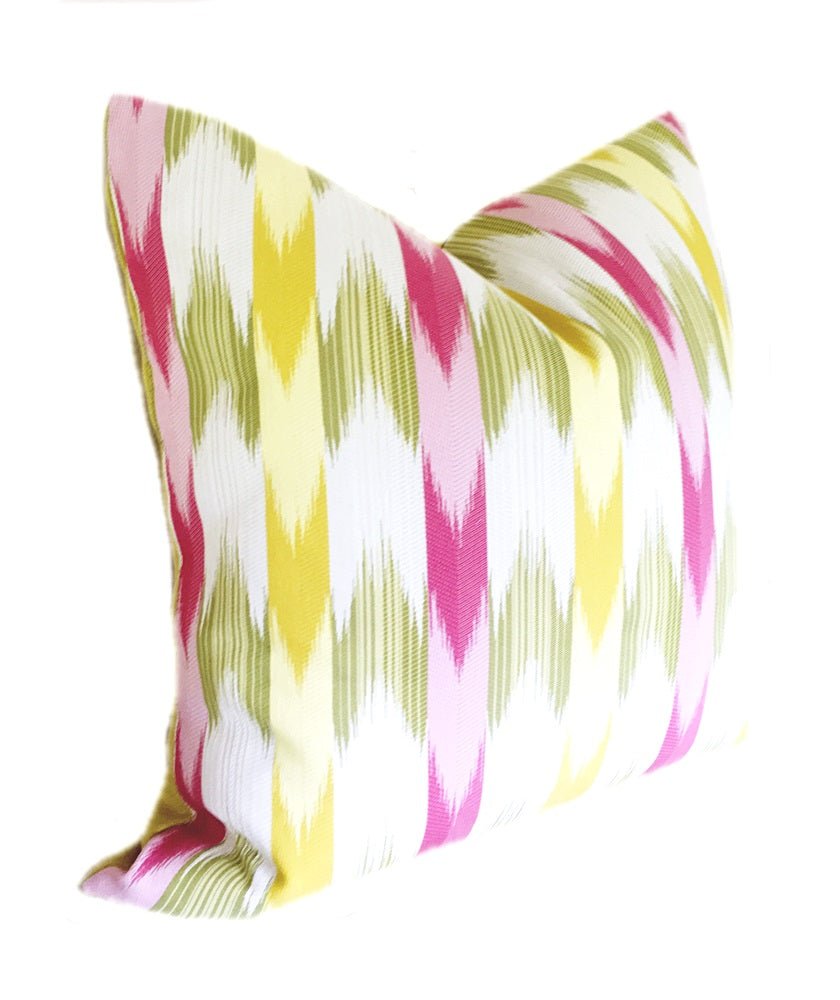 Pink, Green and Yellow Flame Stitch Stripe Pillow